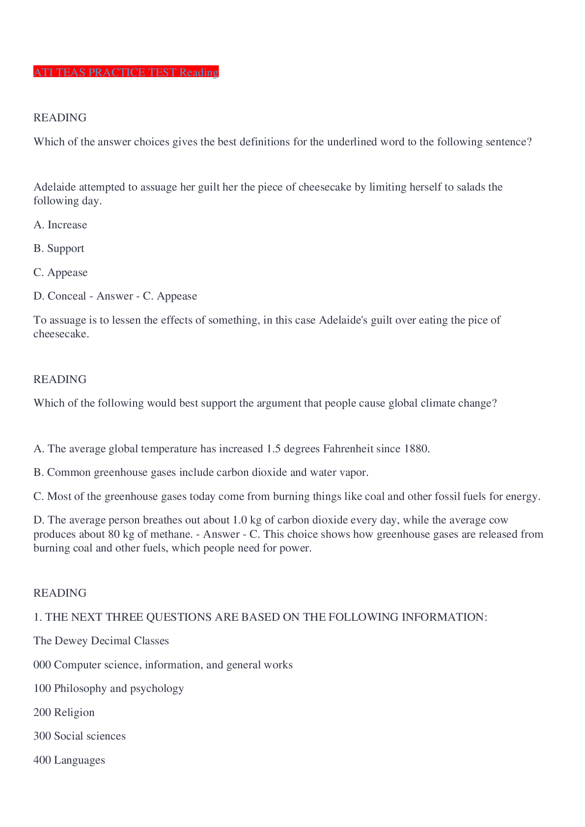 Preview image of ATI TEAS PRACTICE TEST Reading document
